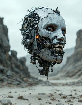 The primary subject of the image is a futuristic robot head with a skull face, surrounded by a rocky landscape. The robot head is the focal point of the scene, and it appears to be floating in the air. The setting is a rocky terrain with mountains in the background, giving the image a dramatic and futuristic atmosphere. The visual style is a combination of digital art and illustration, creating a unique and intriguing image.